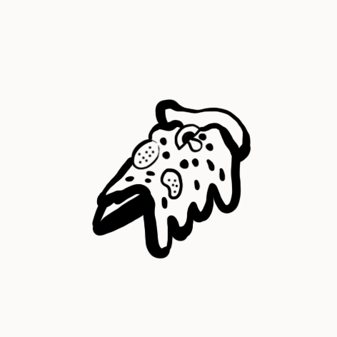 Une illustration stylisée d'une tranche de pizza avec des garnitures.