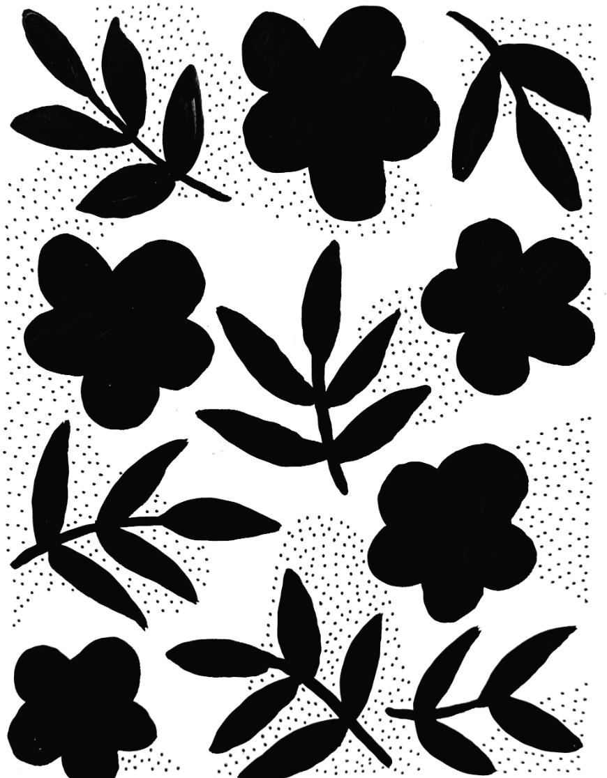 Silhouette de fleurs et de feuilles noires sur un fond blanc avec des points de texture