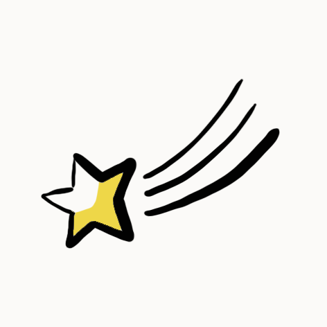 Une étoile filante jaune avec une silhouette noire, laissant une traînée noire dans le ciel.