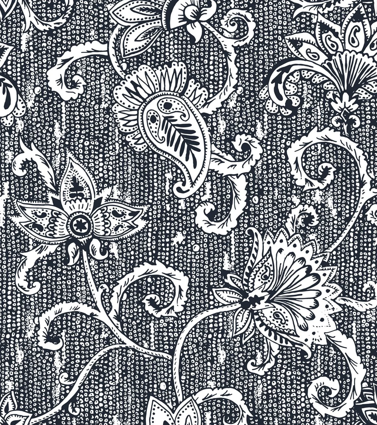 Motif floral en noir et blanc avec des fleurs, des feuilles et des arabesques