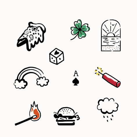 Une collection de dessins d'emoji incluant une pizza, un trèfle, un coucher de soleil, un arc-en-ciel, un as de pique, une bouteille de feu d'artifice, une flamme, un burger, une nuage avec pluie et une nuage noir.