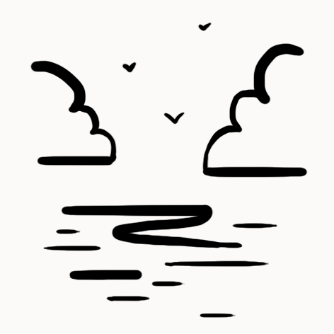 Une illustration minimaliste d'un paysage marin avec des vagues, deux falaises, et trois oiseaux dans le ciel.