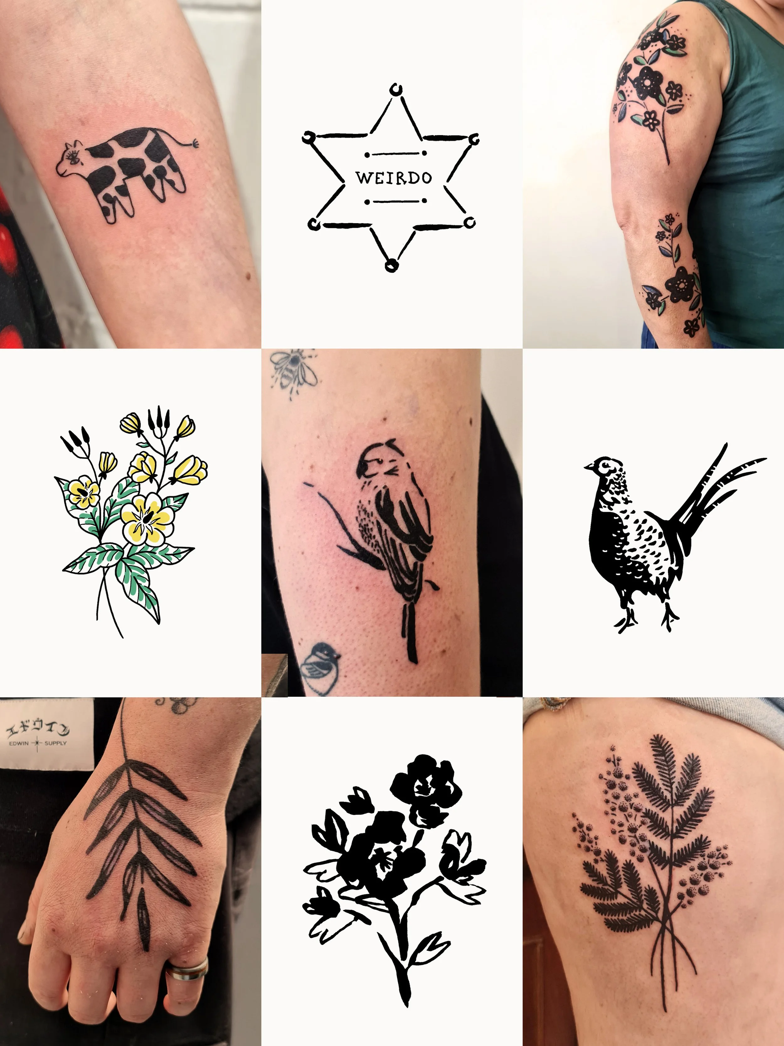 Présentation de tatouages réalisés par Camille Tardif, une vache, des fleurs en couleurs, des animaux, des textes poétiques