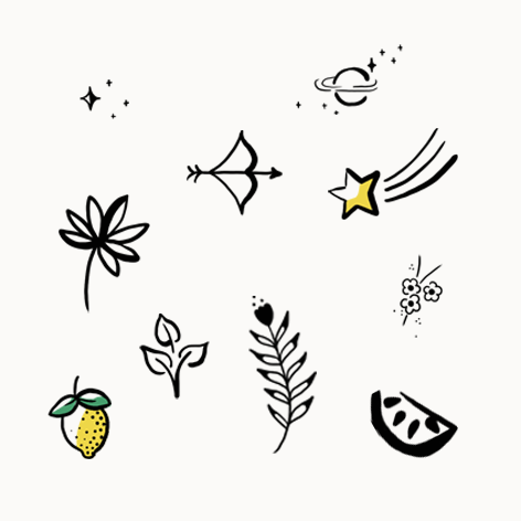 Une collection de dessins de style minimaliste avec des éléments comme une étoile, une fleur, un arc, une citrouille, une feuille, un croissant de lune, une comète, des fleurs, une feuille de menthe, une tranche de citron, une fleur et une planète avec des anneaux.