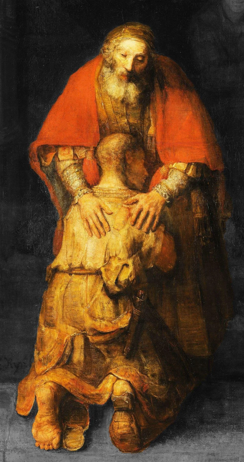 An elderly father tenderly embraces his kneeling son, dressed in worn and ragged clothing, in Rembrandt’s The Return of the Prodigal Son.