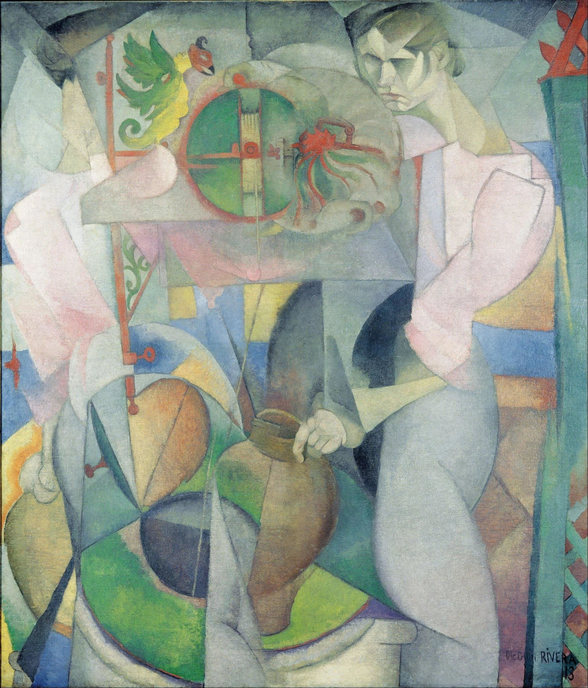 Diego Rivera’s Cubist painting of the woman at the well, in which the woman is strongly defined within overlapping abstract forms.