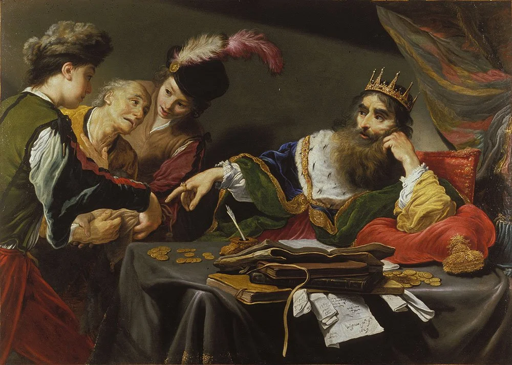 A richly dressed king gestures towards a kneeling servant who pleads for mercy over an unpaid debt, in Claude Vignon’s painting of Jesus’ parable.