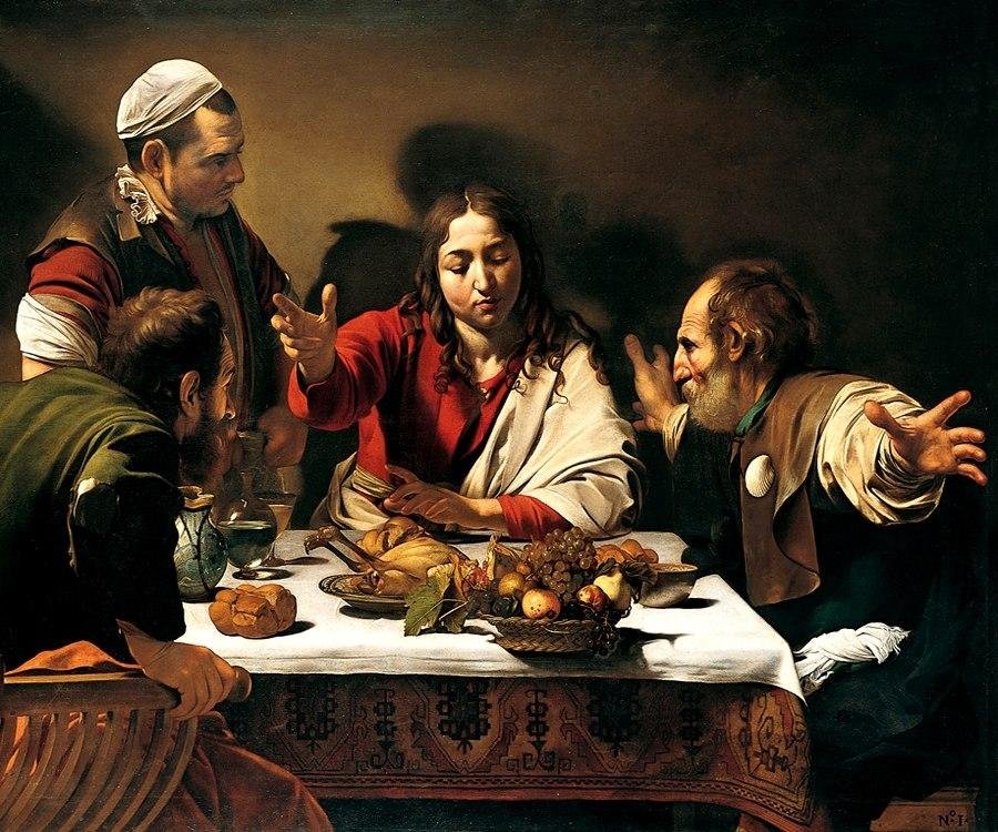 The risen Christ sits at a table blessing bread as two startled disciples recognise him and gesture with astonishment.