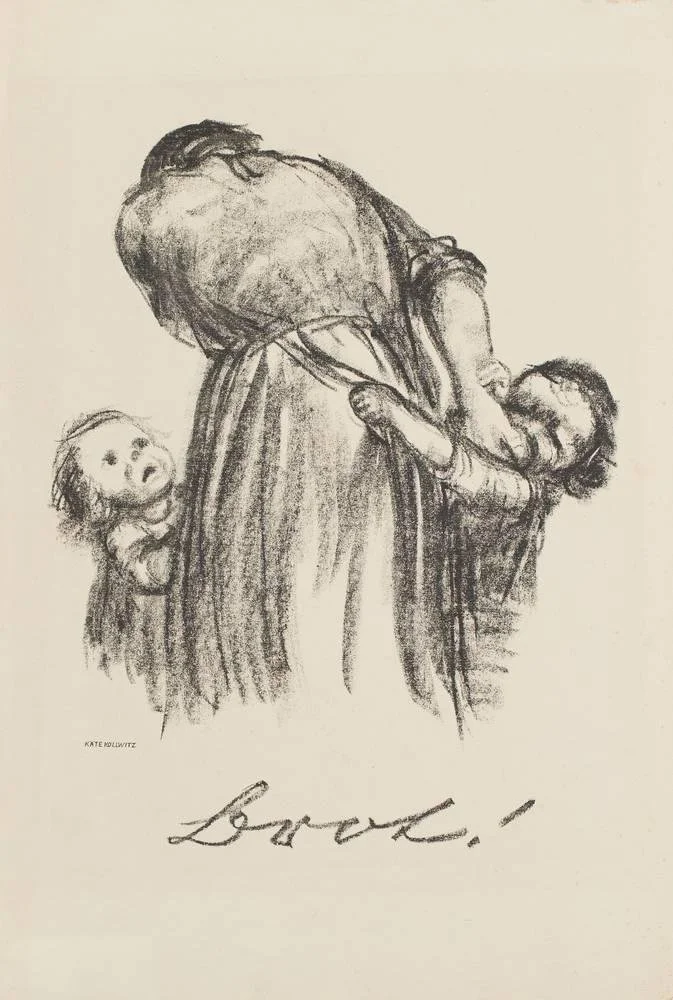 Käthe Kollwitz’s Brot! (Bread!), showing two hungry children reaching towards their mother, who turns away in anguish.