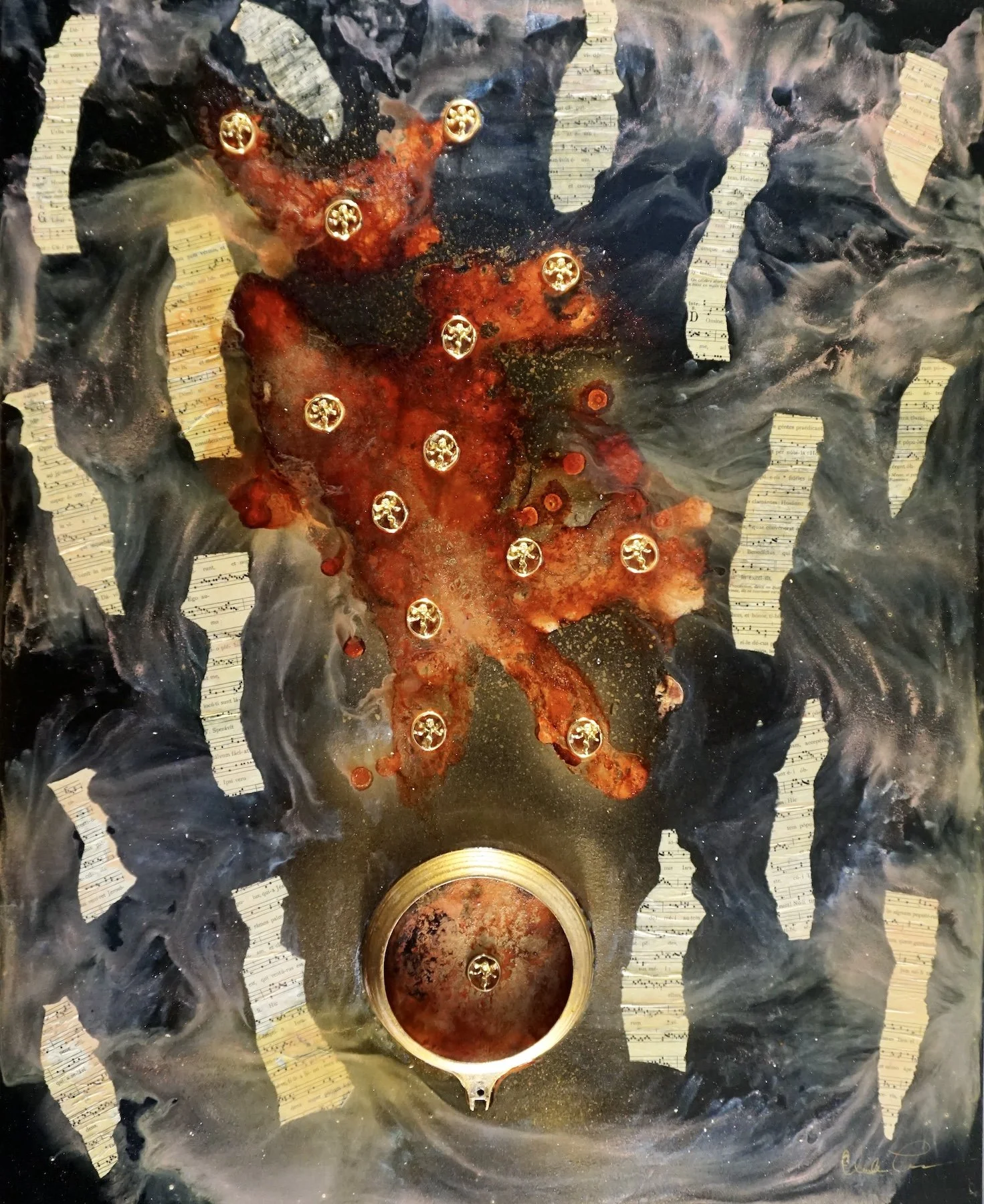 L’ENVOLÉE LYRIQUE, 30’’ X 24’’, techniques mixtes sur bois, artéfacts et peinture  provenant du couvent St-Jacques. (Claude Lessard)