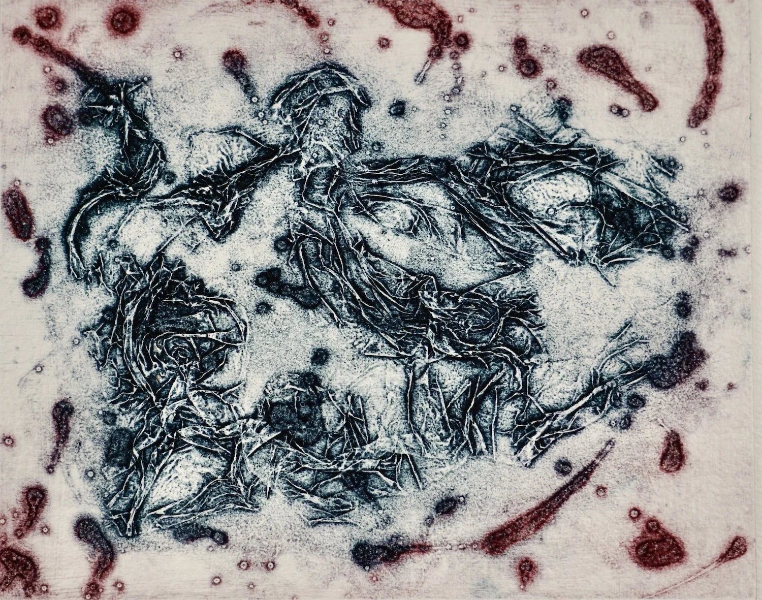 INTENTION SE FAISANT JOUR, H 8’’ X L 10’’, gravure, collagraphie sur papier St-Armand. (Jocelyne Bellemare) VENDUE