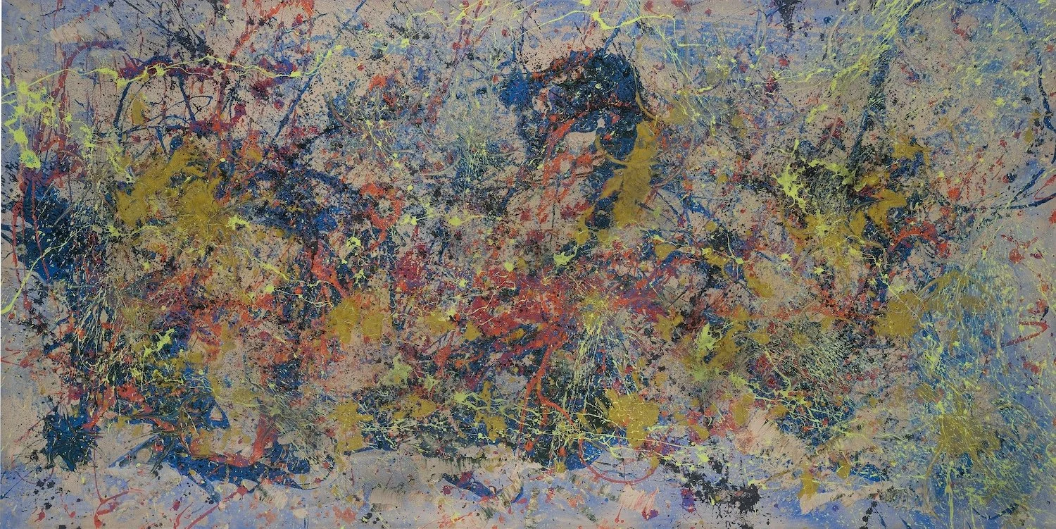 LA NAISSANCE DU DRAGON BLEU  48’’ x 96’’  techniques mixtes sur toile. (Claude Lessard) VENDUE 