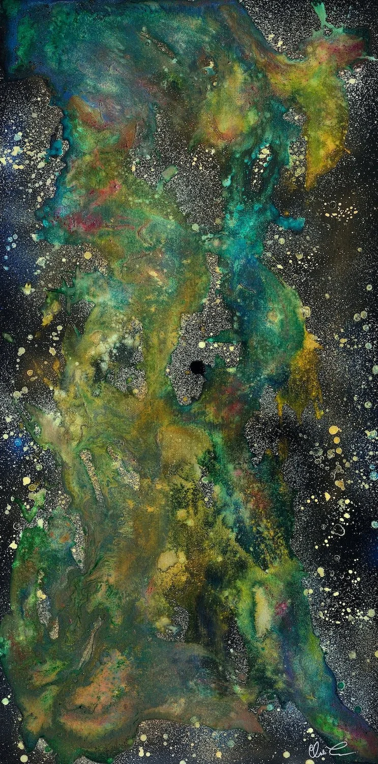 L’ÉVEIL DE QUETZALCOATL, 60’’x 30’’, techniques mixtes et phosphore sur bois. (Claude Lessard) VENDUE