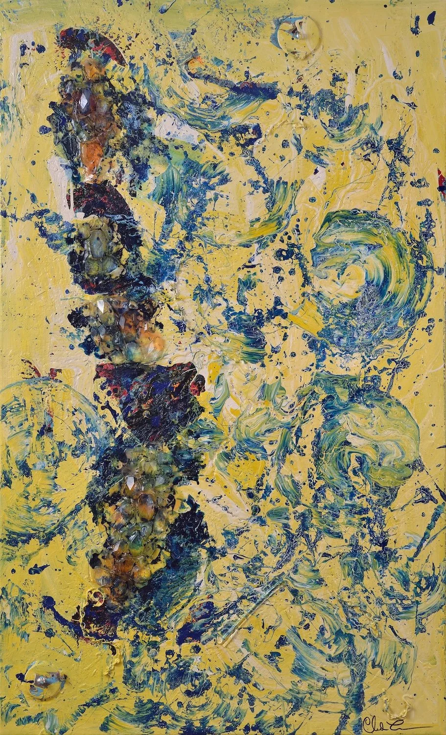 CRISTAUX EN DÉLIQUESCENCE, 60’’ X 36’’, techniques mixtes sur toile, (artéfacts/ cristaux et argenterie provenant du Reine Elizabeth H.) (Claude Lessard) VENDUE