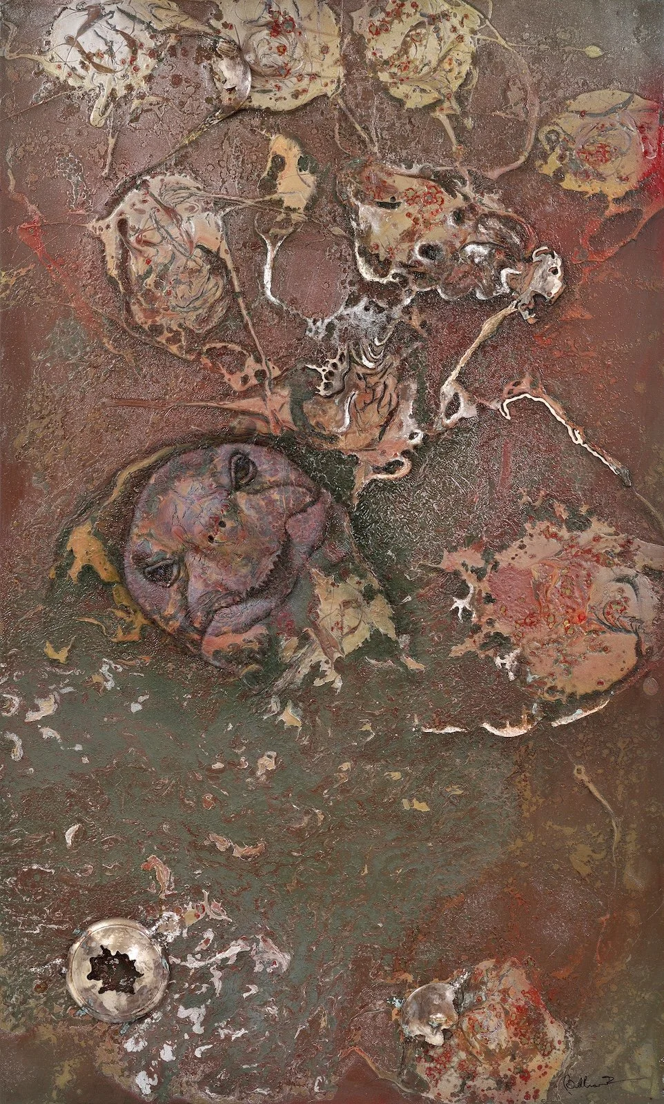  NOSTALGIE FACE À L’EXTINCTION, 60'' X 36'', techniques mixtes et argenterie (provenant du Reine Elizabeth H.) sur bois (Bellsard)