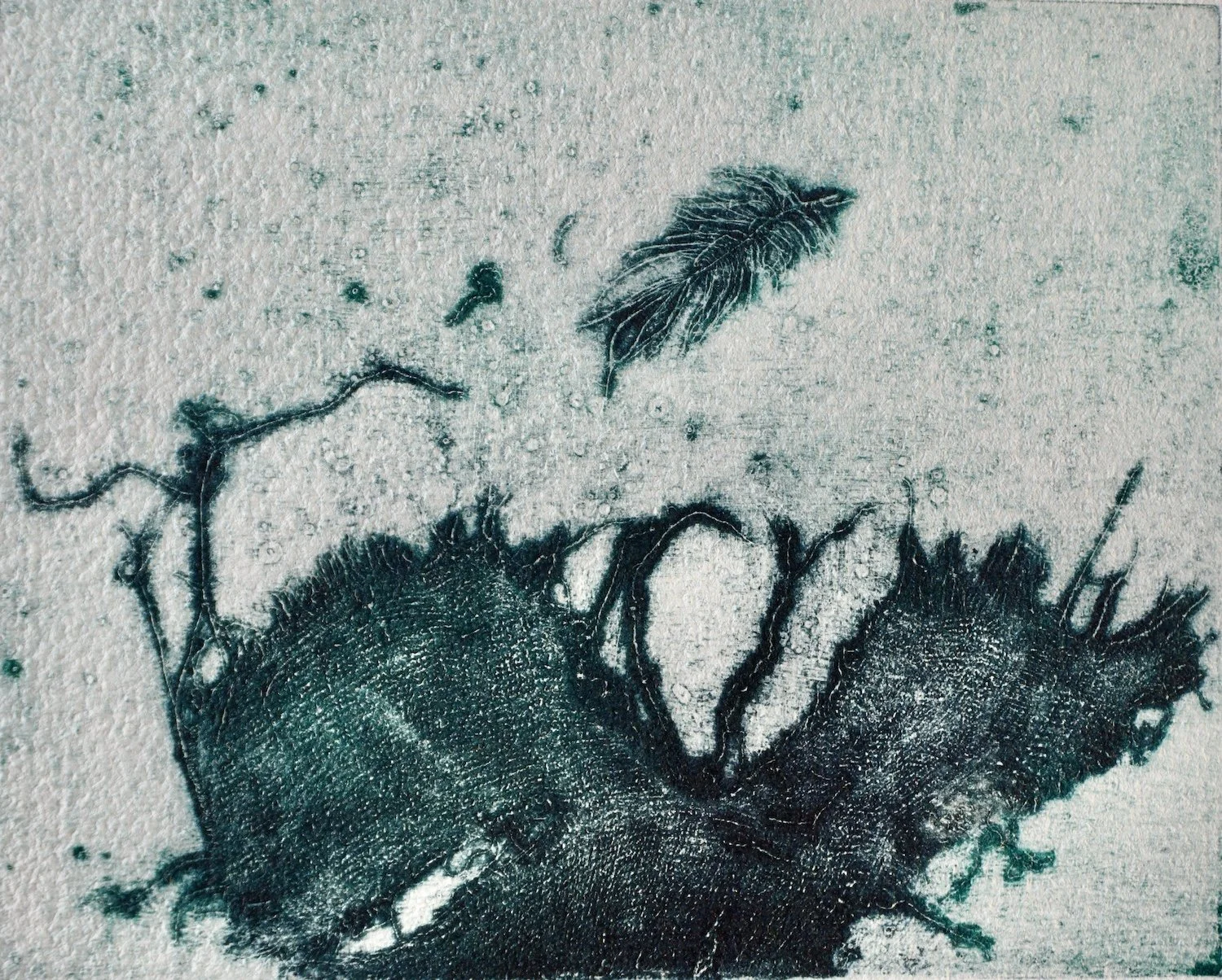 DÉLIAISON, H 8’’ X L 10’’, gravure, collagraphie sur papier d’art S-Armand. (Jocelyne Bellemare) VENDUE