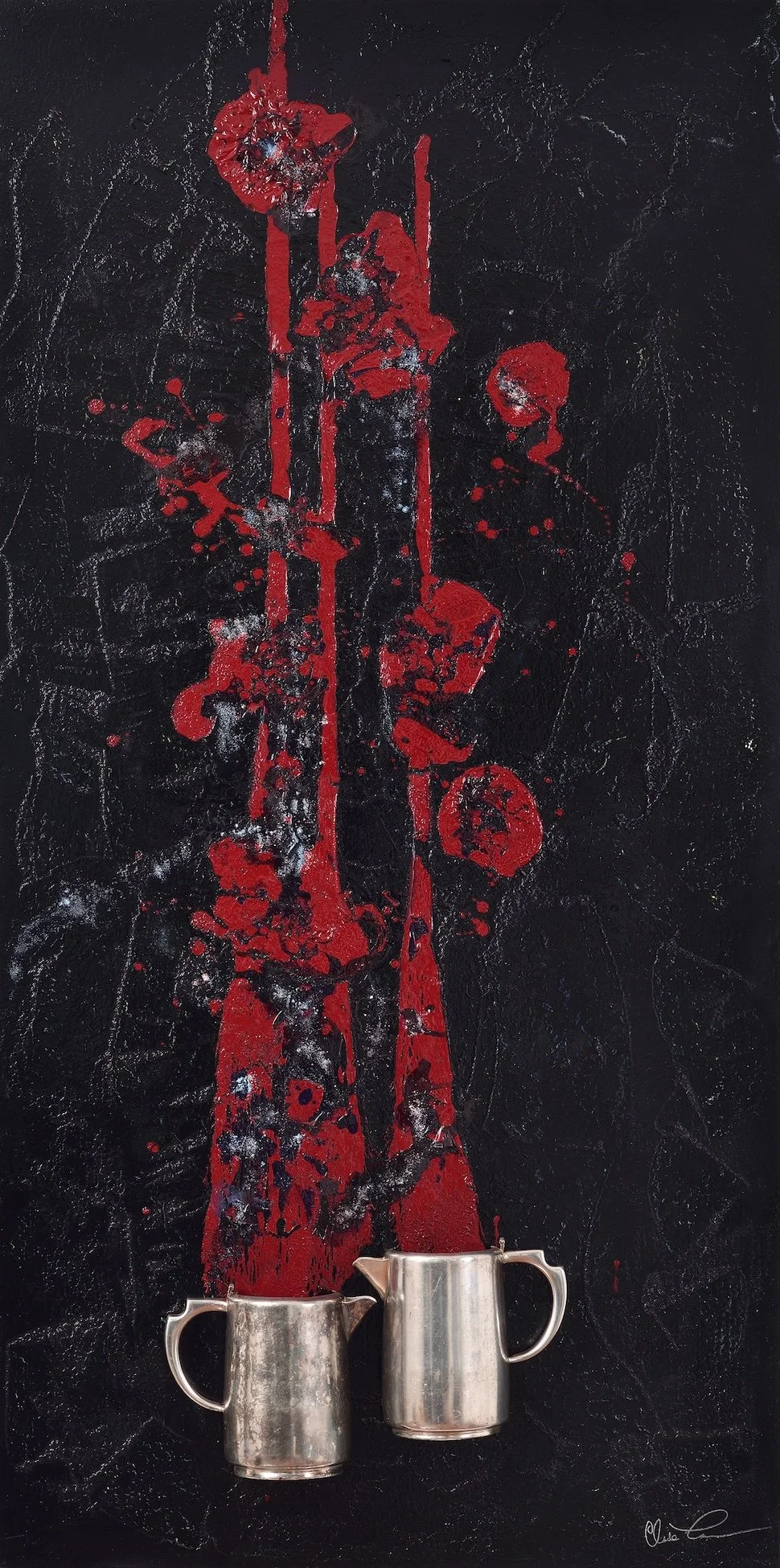 L’ACCLAMATION,  60’’ X 30’’, techniques mixtes sur panneau, argenterie (provenant du Reine Elizabeth H.)  (Claude Lessard) VENDUE