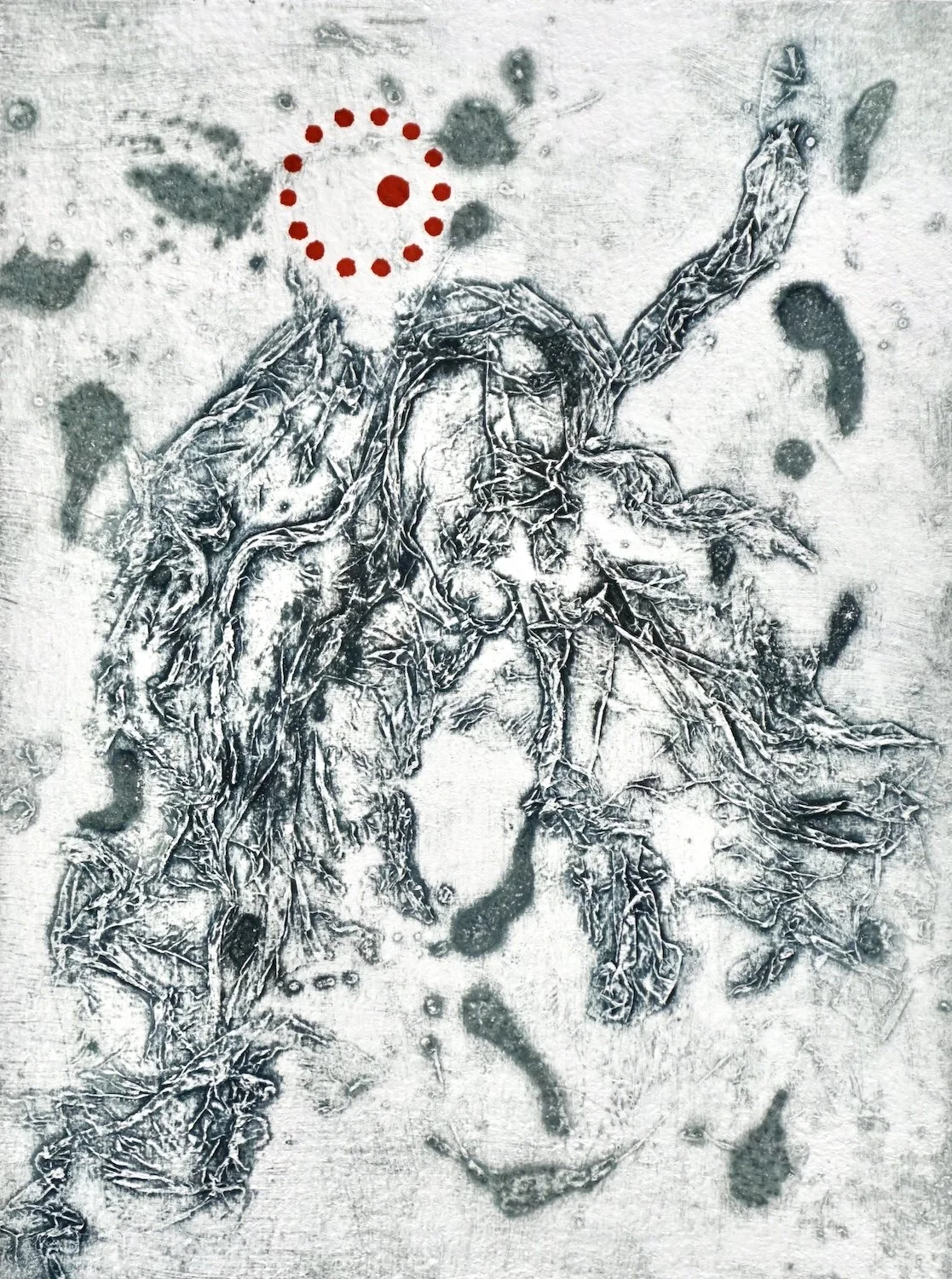 L’INITIÉ, H 12’’ X L 9’’, gravure, collagraphie avec rehaut sur papier St-Armand (Jocelyne Bellemare)