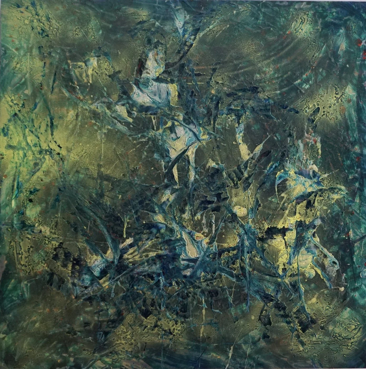 LA MANTE RELIGIEUSE, 36’’x36’’, techniques mixtes, phosphore et graphite sur bois. (Claude Lessard)