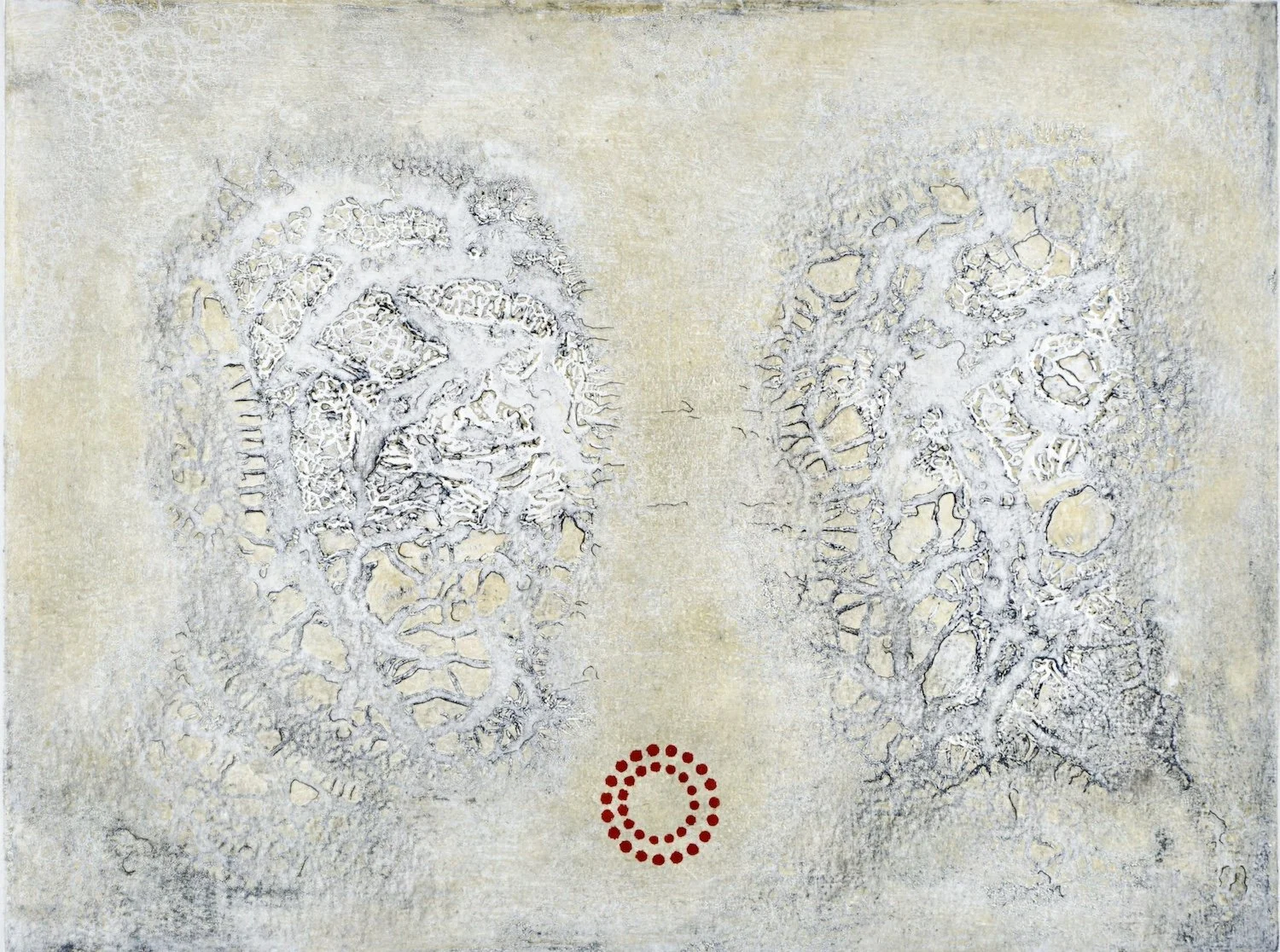 LES PASSEURS D’OMBRE, H 9’’ X L 12’’, gravure, collagraphie avec rehaut sur papier d’art St-Armand. (jocelyne Bellemare) VENDUE