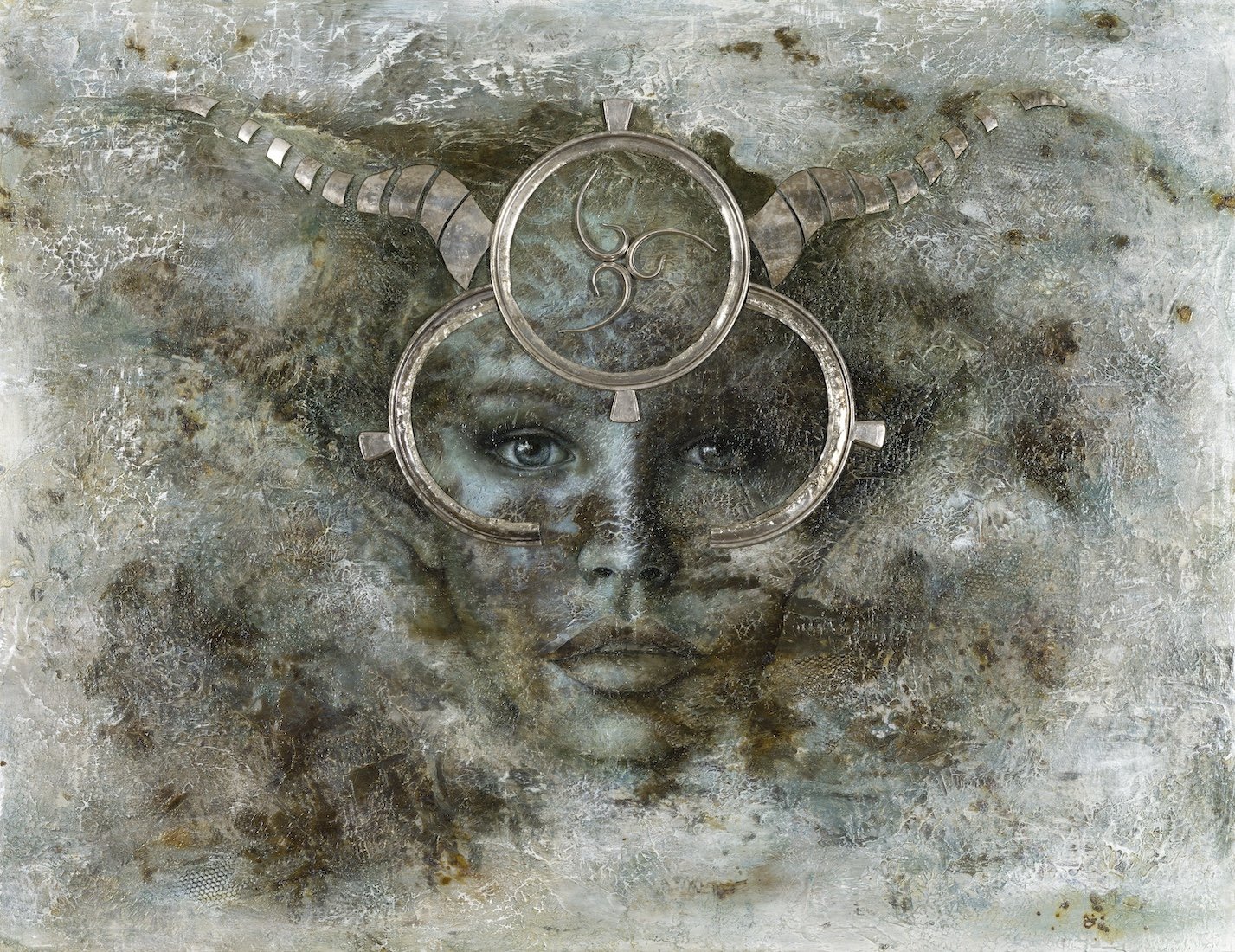  LE RETOUR DE PAN, H 34’’ X L 44’’, techniques mixtes sur bois (argenterie provenant du Reine Elizabeth H.) 
(Jocelyne Bellemare) VENDUE