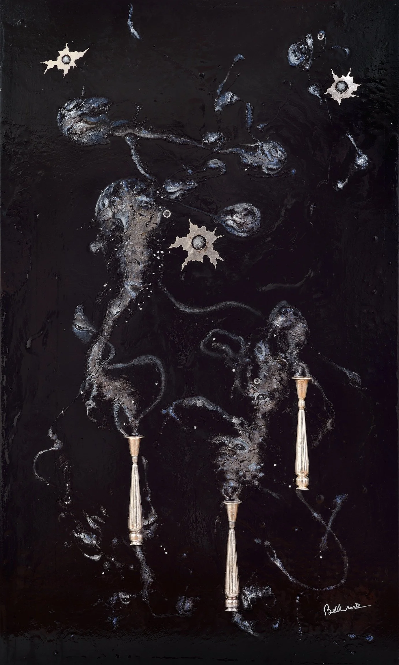 MÉTEMPSYCOSE, H 60’’ x L 36’’,  techniques mixtes sur bois ( argenterie et cristaux provenant du Reine Elizabeth H.) (Bellsard)