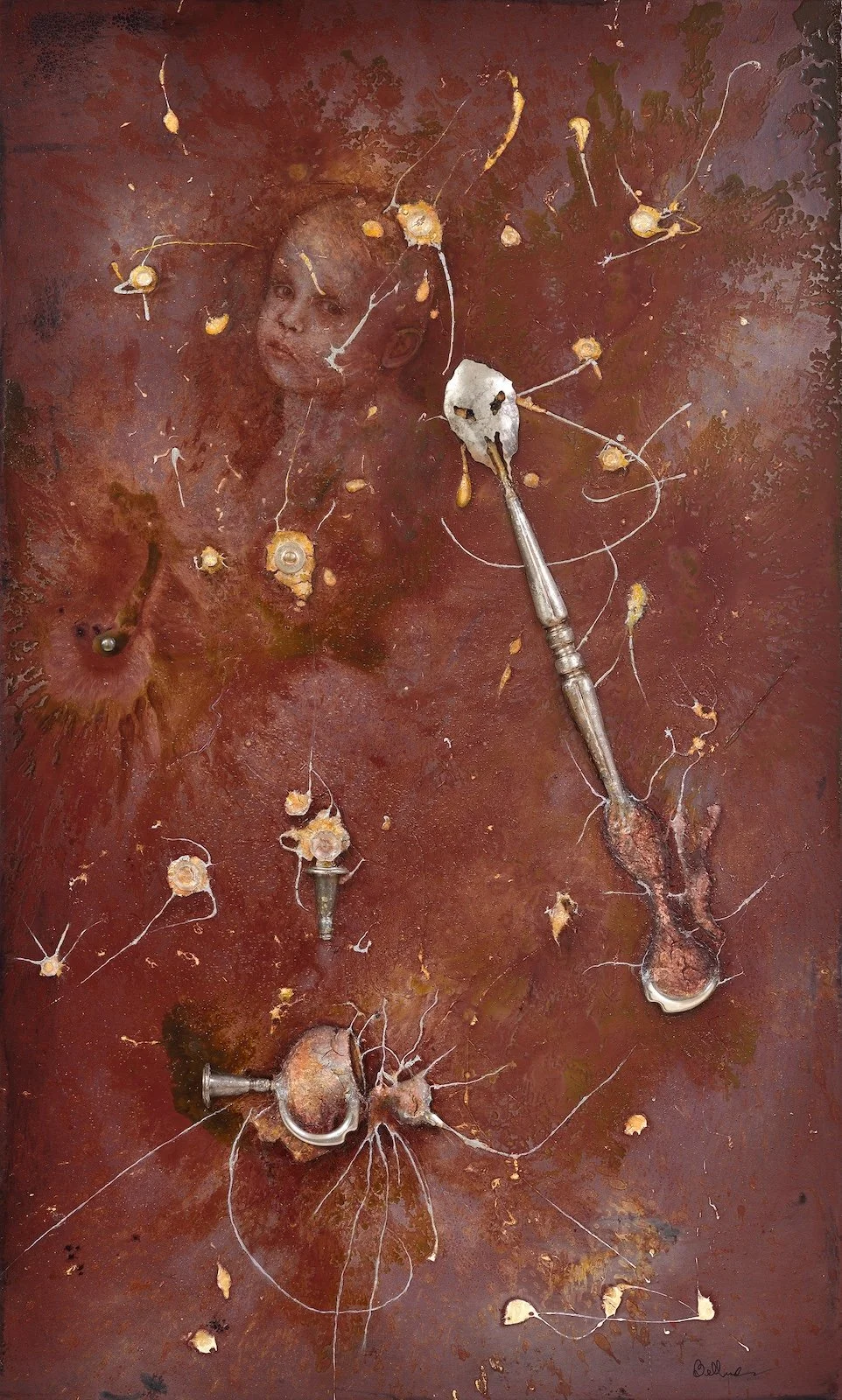 LE GRAAL ET LE CHÉRUBIN, H 60’’ x L 36’’,  techniques mixtes sur bois ( argenterie et cristaux provenant du Reine Elizabeth H.)(Bellsard)