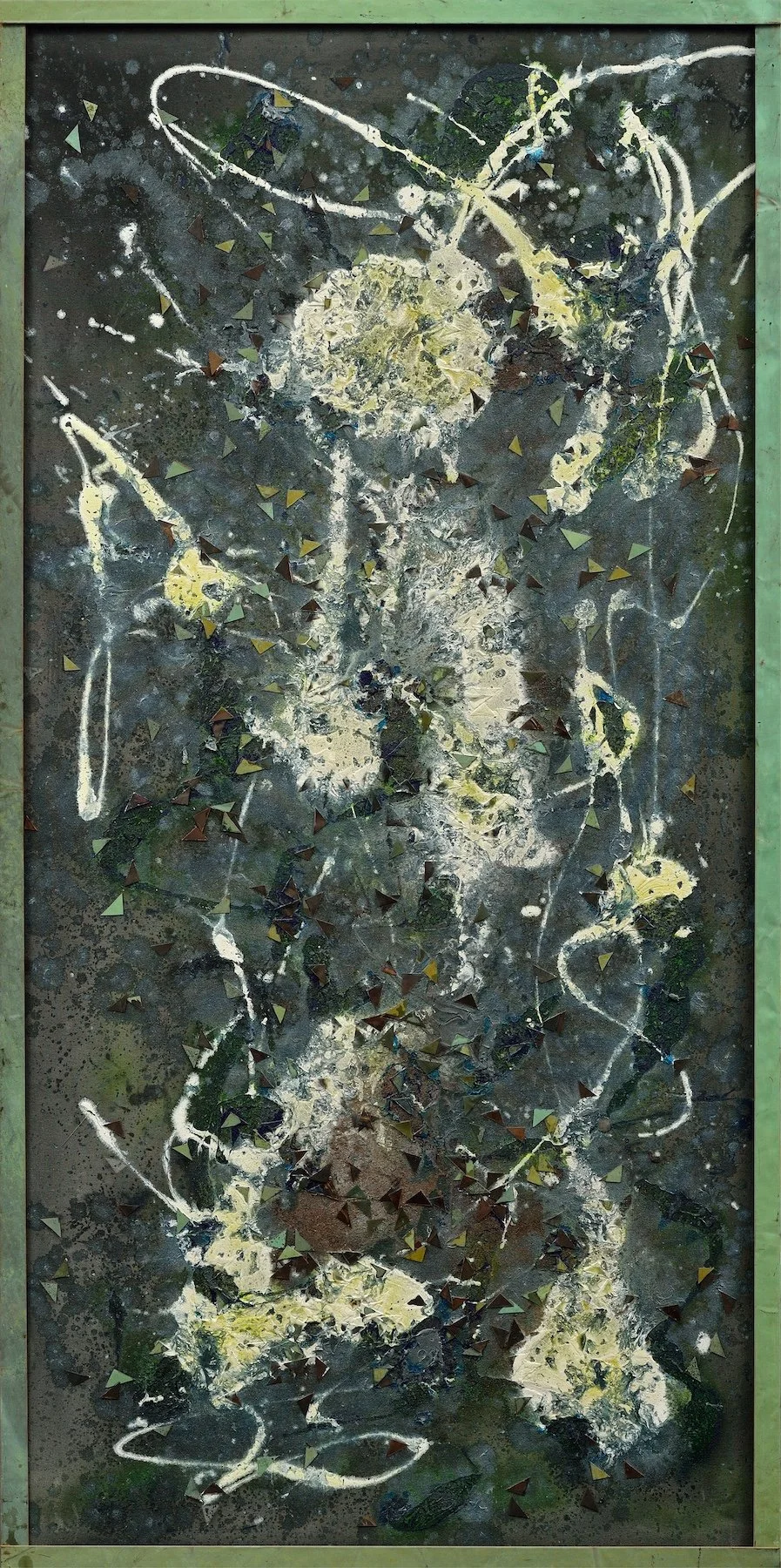 HOMME À LA TRESSE S’ADRESSANT À DIEU DANS L’ÉPREUVE  60’’ X 30’’  techniques mixtes et cuivre (provenant du toit du Château Frontenac) sur toile (Claude Lessard)