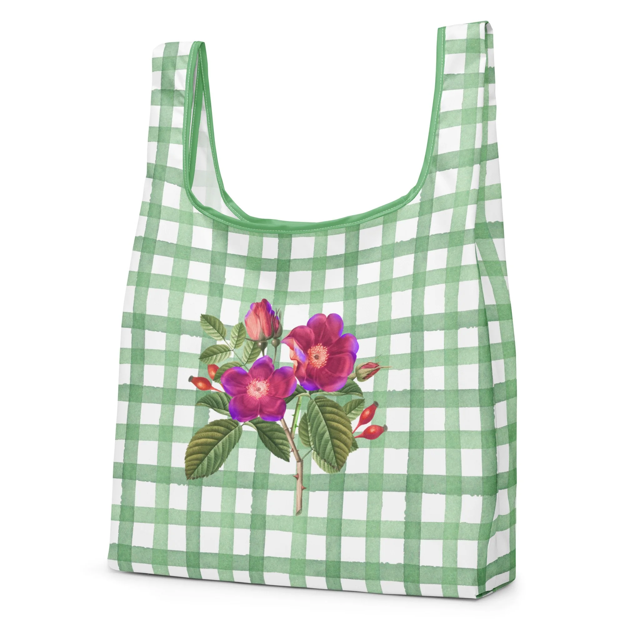 Wild Roses on Green Checks - Shopping Bag