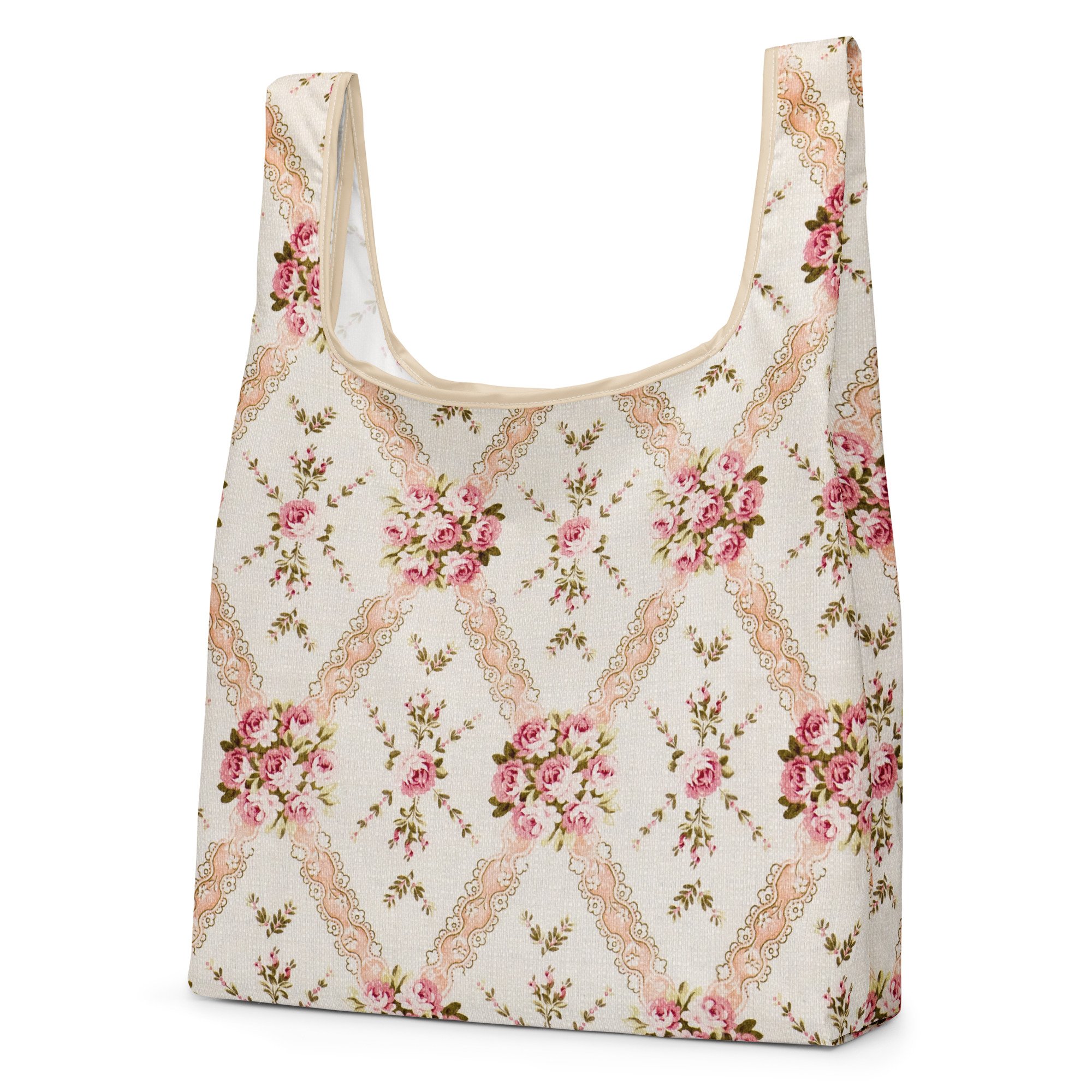 Vintage Pink Florals and Peach Lace - Shopping Bag