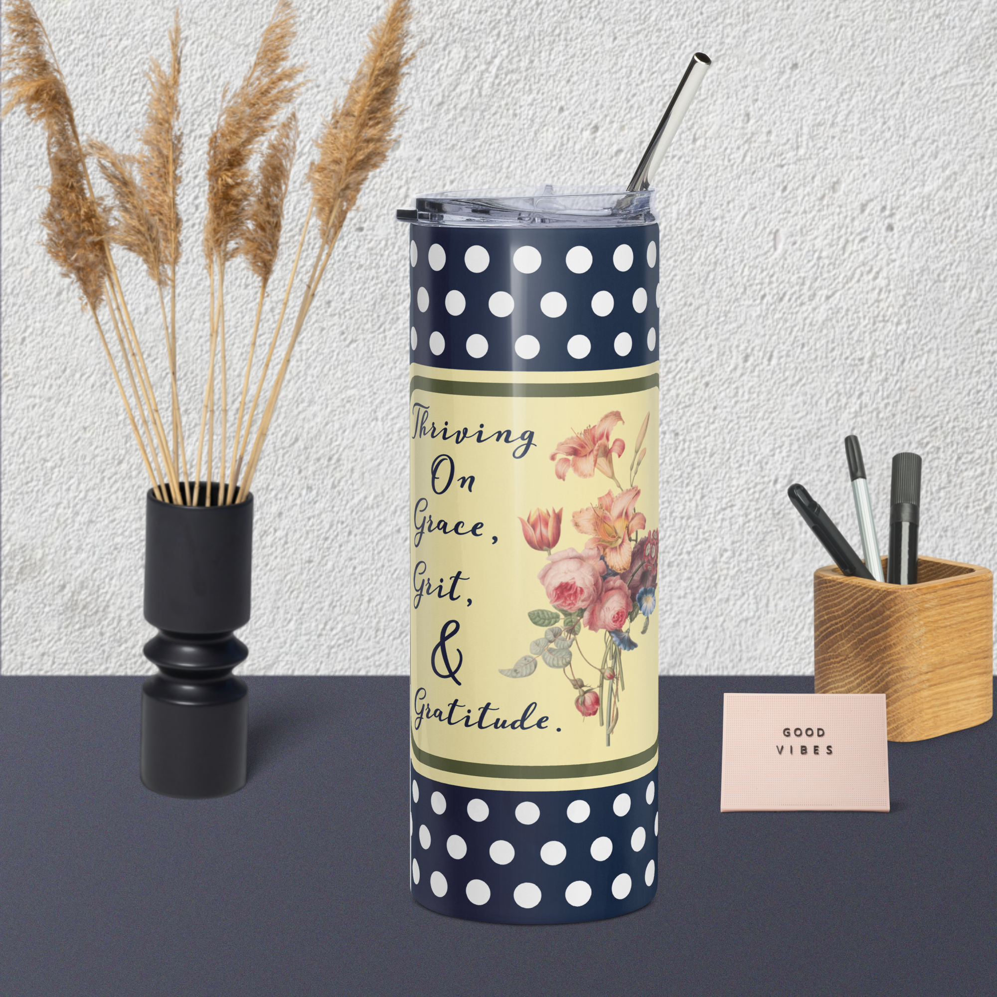 Thriving on Grace, Grit, and Gratitude on Navy Blue Polka Dots - Stainless Steel Tumbler with Reusable Metal Straw