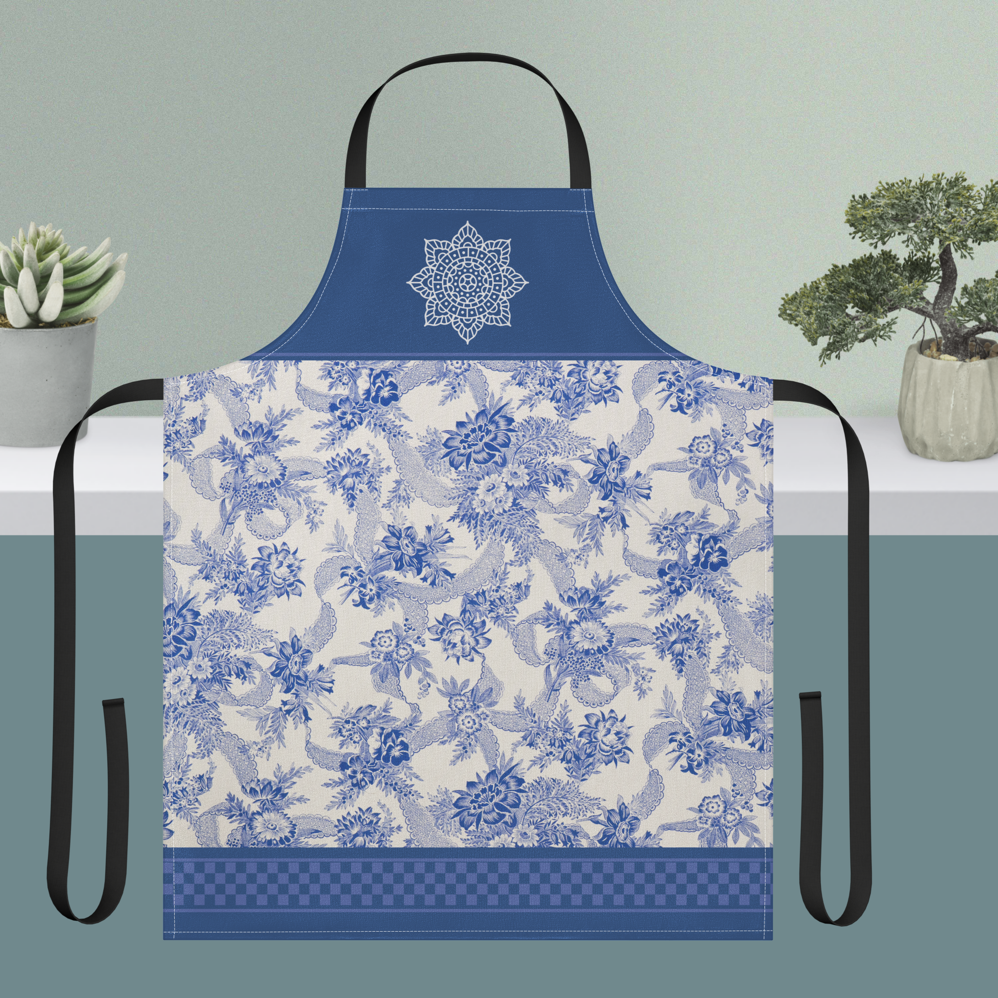 Vintage Blue Floral with Lace on Off-White Field - Black Strap Apron