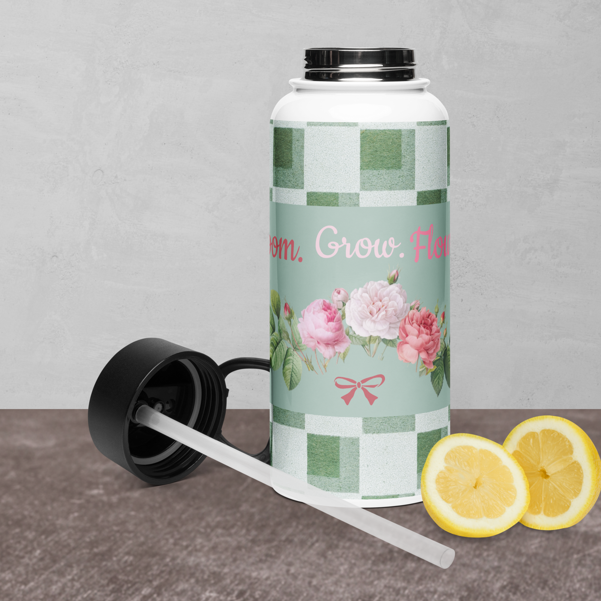 Bloom. Grow. Flourish. with Pink Roses - Stainless Steel Water Bottle with a Straw Lid