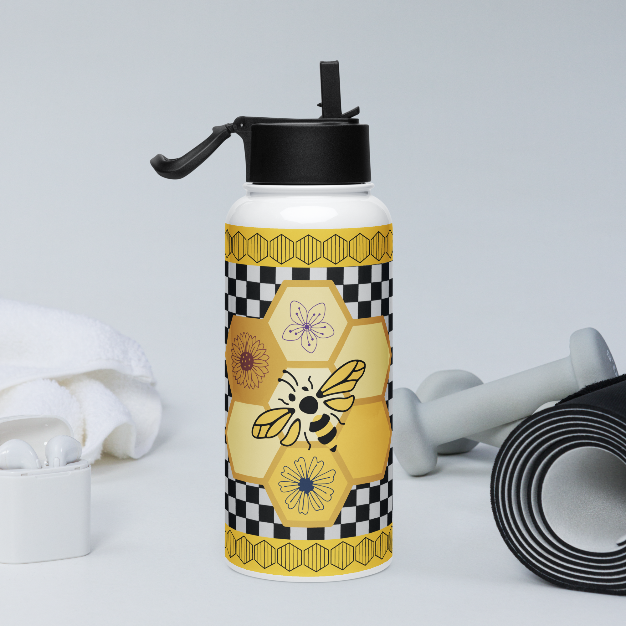 Honey Bees & Wildflowers Please! - Stainless Steel Water Bottle with a Straw Lid