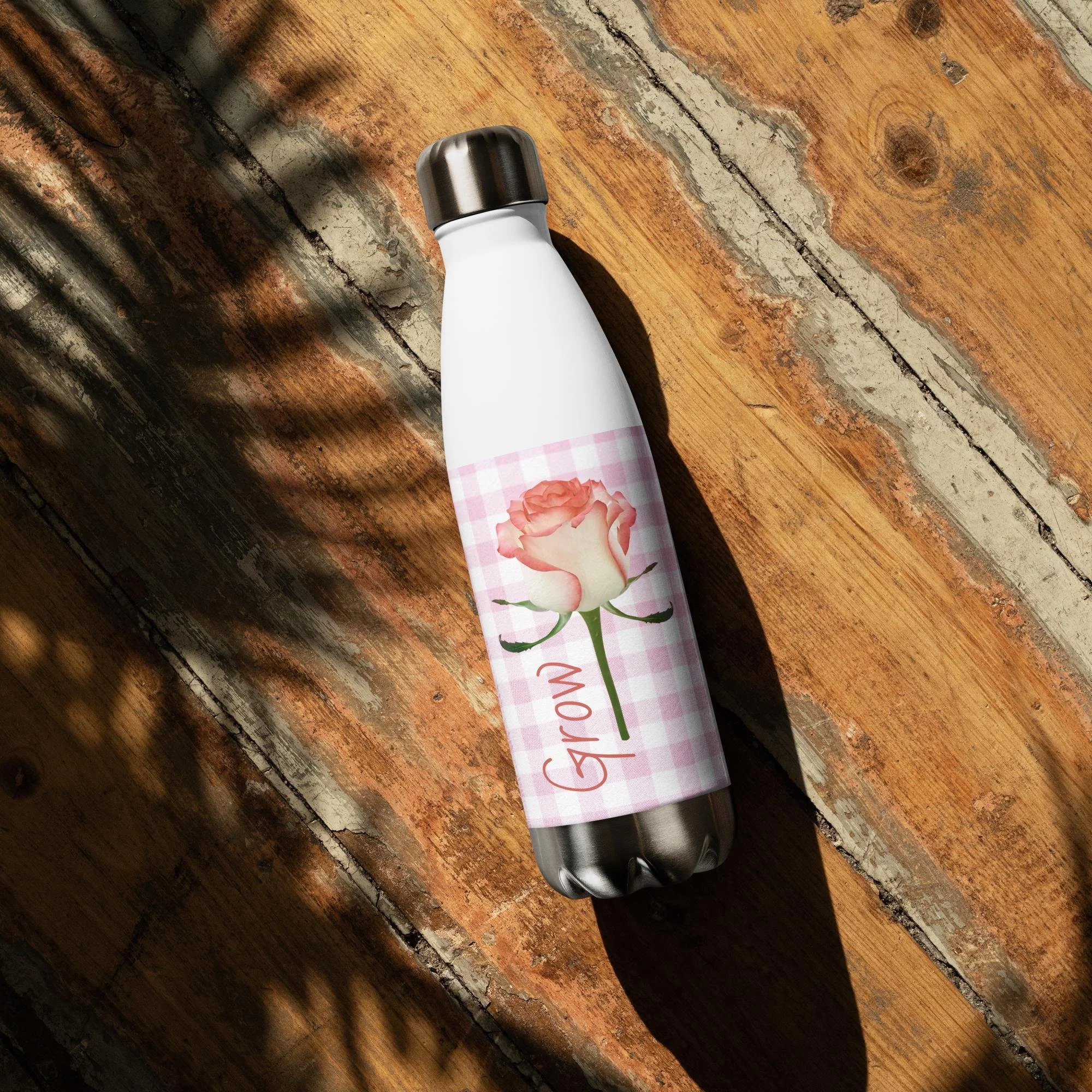 Water Bottle with flowers and pink Checks and Inspirational words
