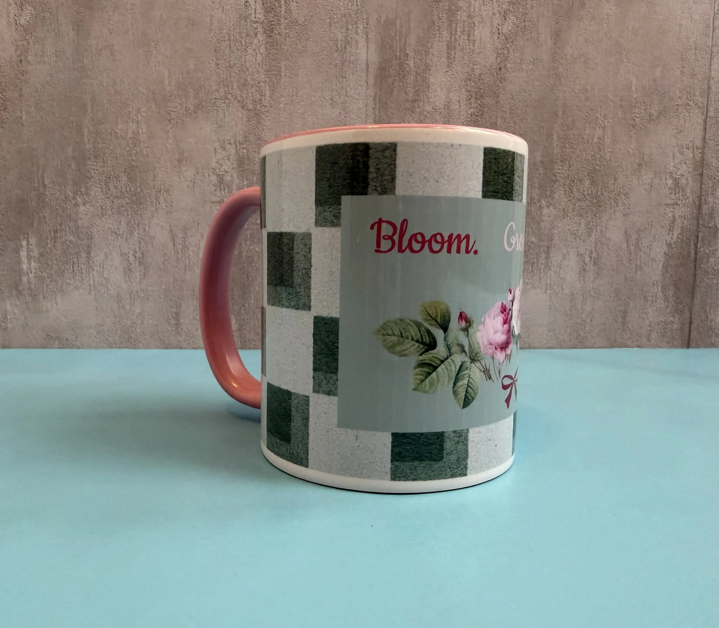 R&T Pink Mug with Green checks Bloom.jpeg