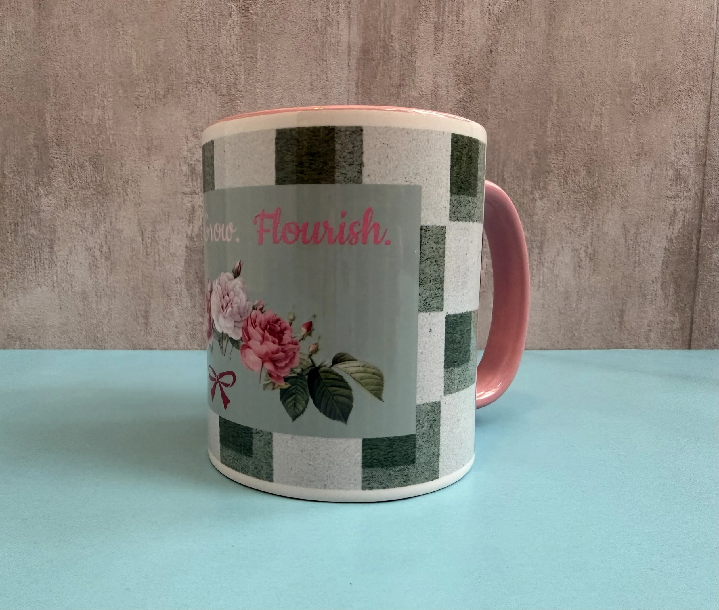 R&T Pink Mug with green checks Flourish.jpeg