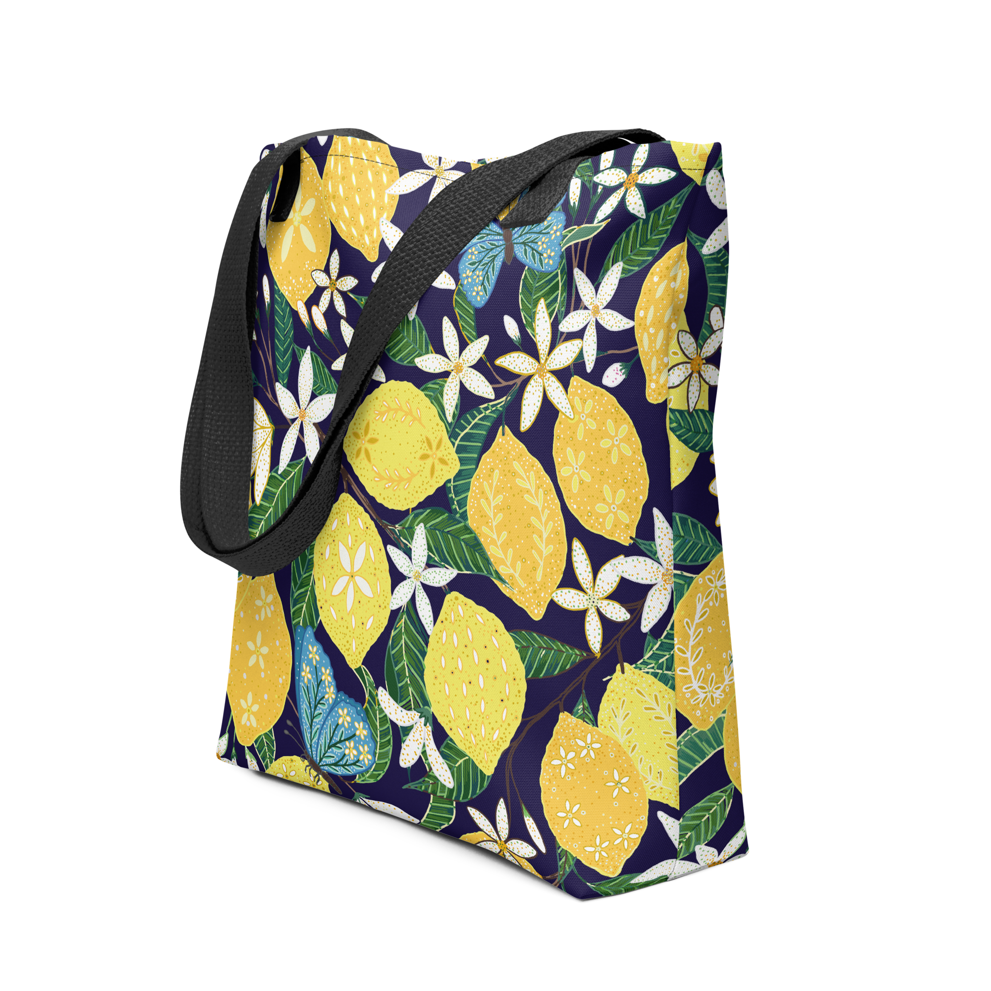 Tote bag with less, blue butterflies, and white flower accents