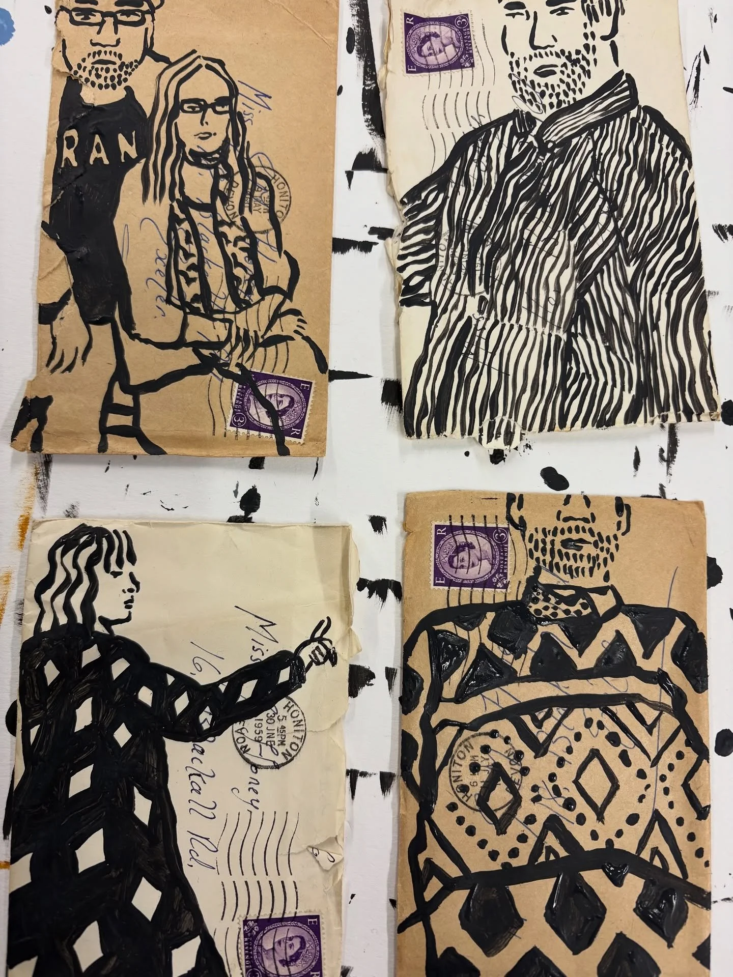 It started with a letter. Between loved ones. Messages of news, love, and connection, popped in an envelope to travel the distance between one self and another. Decades later I find them, and add my gestural minimalist portraits, creating a new layer