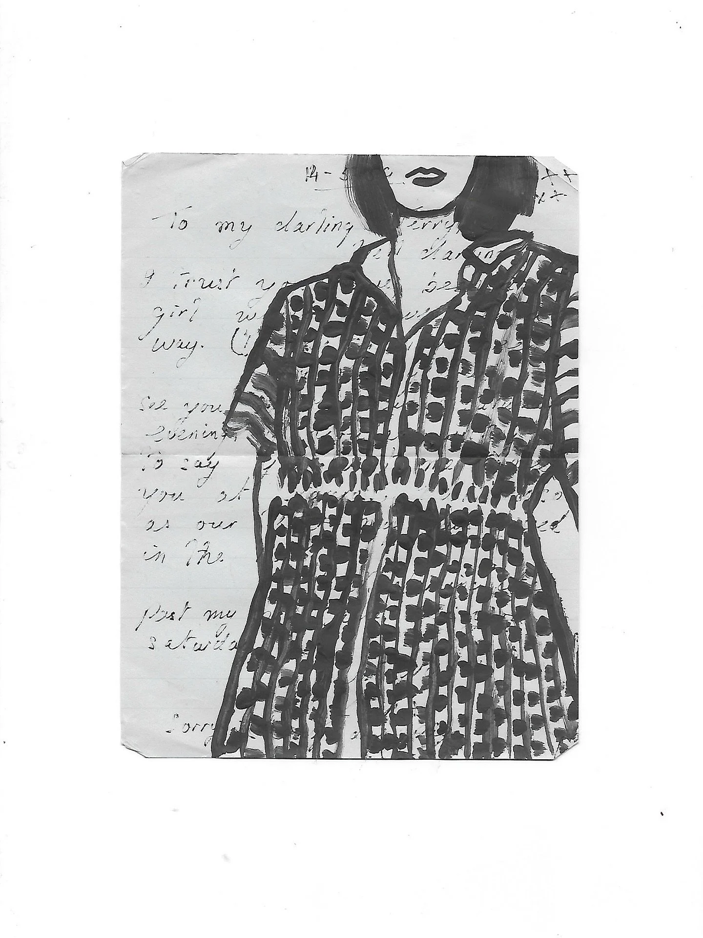 Darling Jerry - day 20 of 30

&lsquo;To my darling&hellip;&rsquo;

 Painted on a 1950s letter, a cropped figure emerges over old handwriting and time-worn paper. This work is about identity, connection and the quiet space between what is said and wha