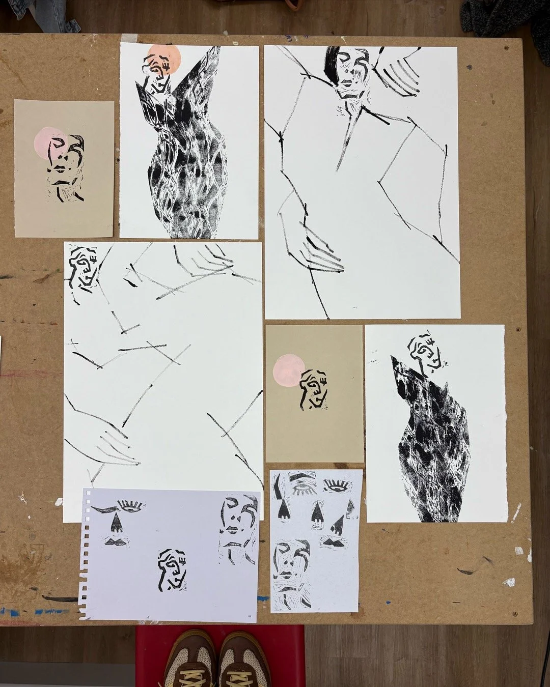 Current desk view. Somewhere between fashion illustration, painting, and pattern exploration&hellip;
Starting to build a new body of work around women, clothing, gesture, and repetition. The larger drawings may slowly become layered with pattern and 