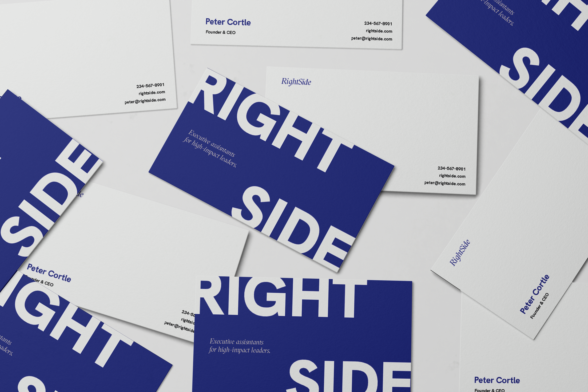 Multiple business cards and flyers with the word 'RIGHT' in large white letters on a blue background and contact information for Peter Cortle.