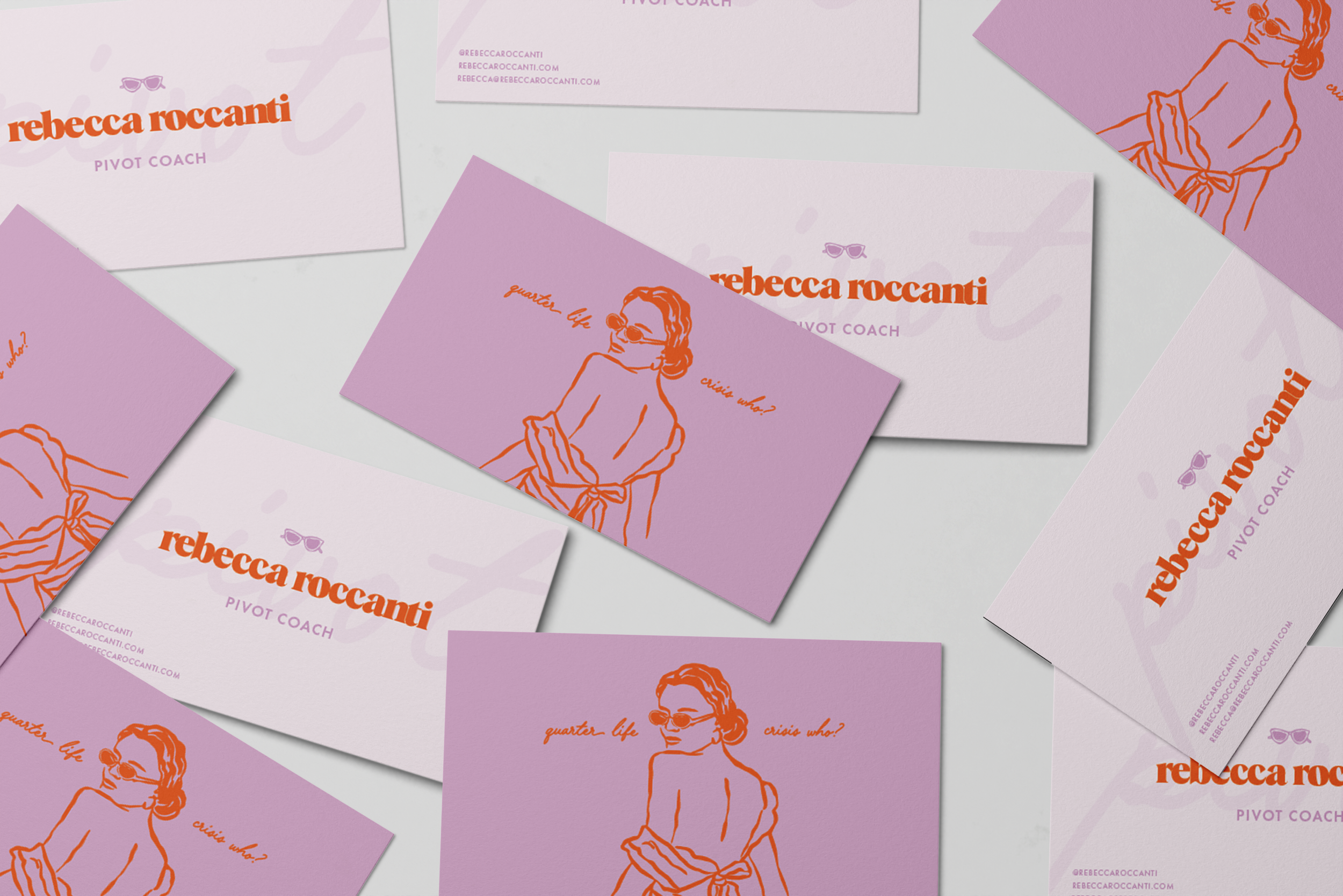 A collection of business cards and postcards featuring the name 'rebecca roccanti' in orange text, with illustrations of a woman wearing sunglasses and a scarf, and contact information in purple text on a light purple background.