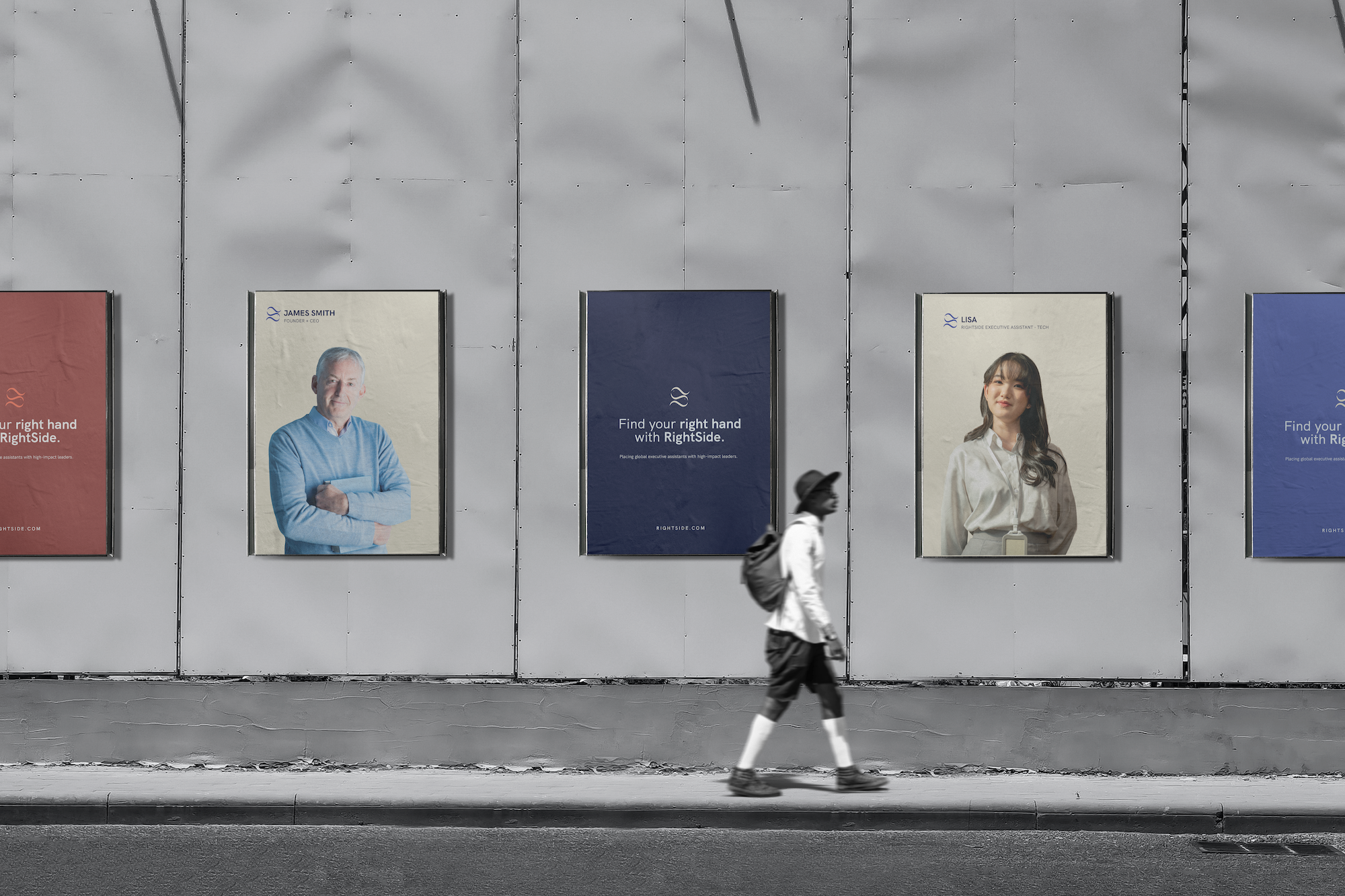 A person with a backpack walking past a row of posters on a gray wall. The posters feature people and text about find your right hand with RightSide.