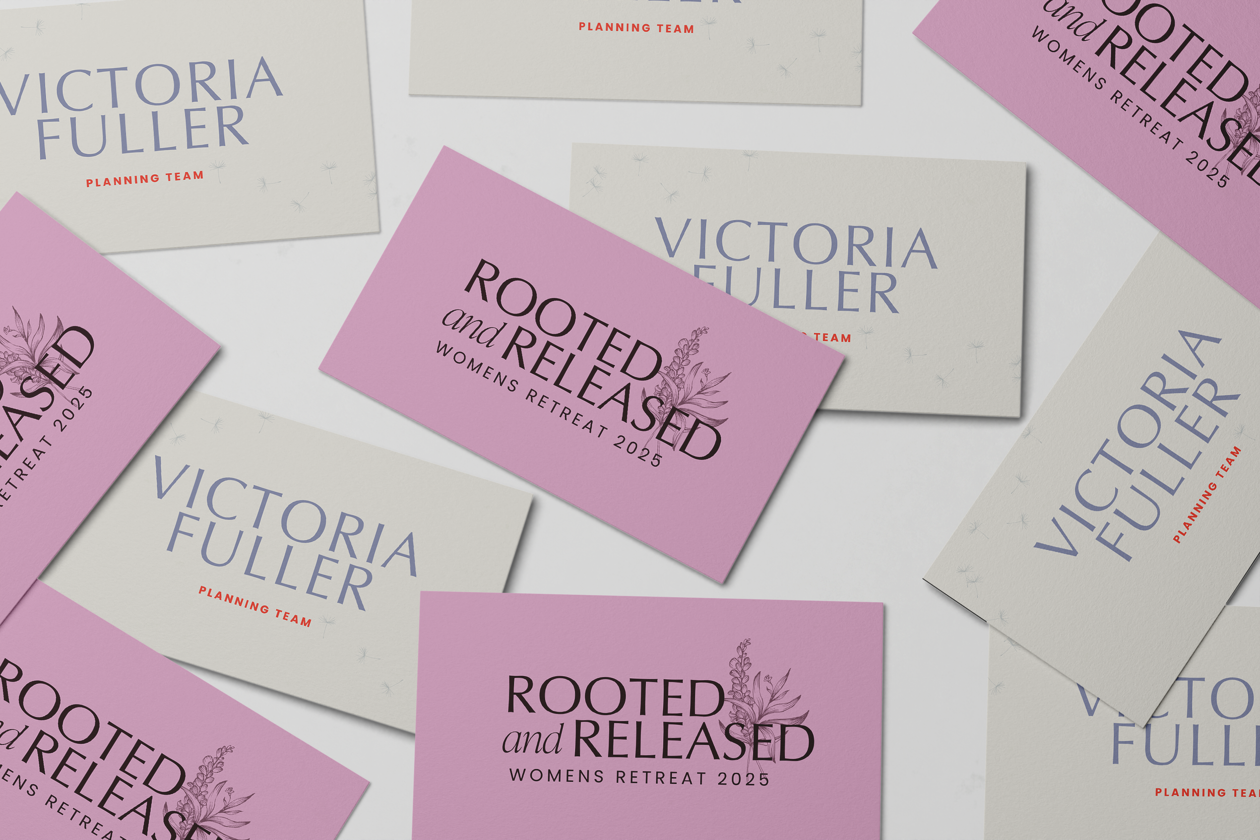 Multiple event flyers for a women's retreat in 2025 with lavender, light pink, and cream backgrounds. Some flyers feature the name Victoria Fuller and others the title 'Rooted and Released' with floral illustrations. All include the words 'Planning T