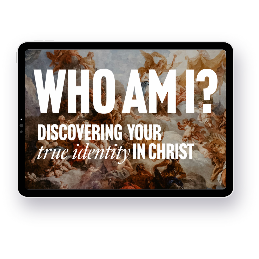 Smartphone screen displaying text that reads 'Who am I? Discovering your true identity in Christ' over a background of a classical painting with clouds and angels.