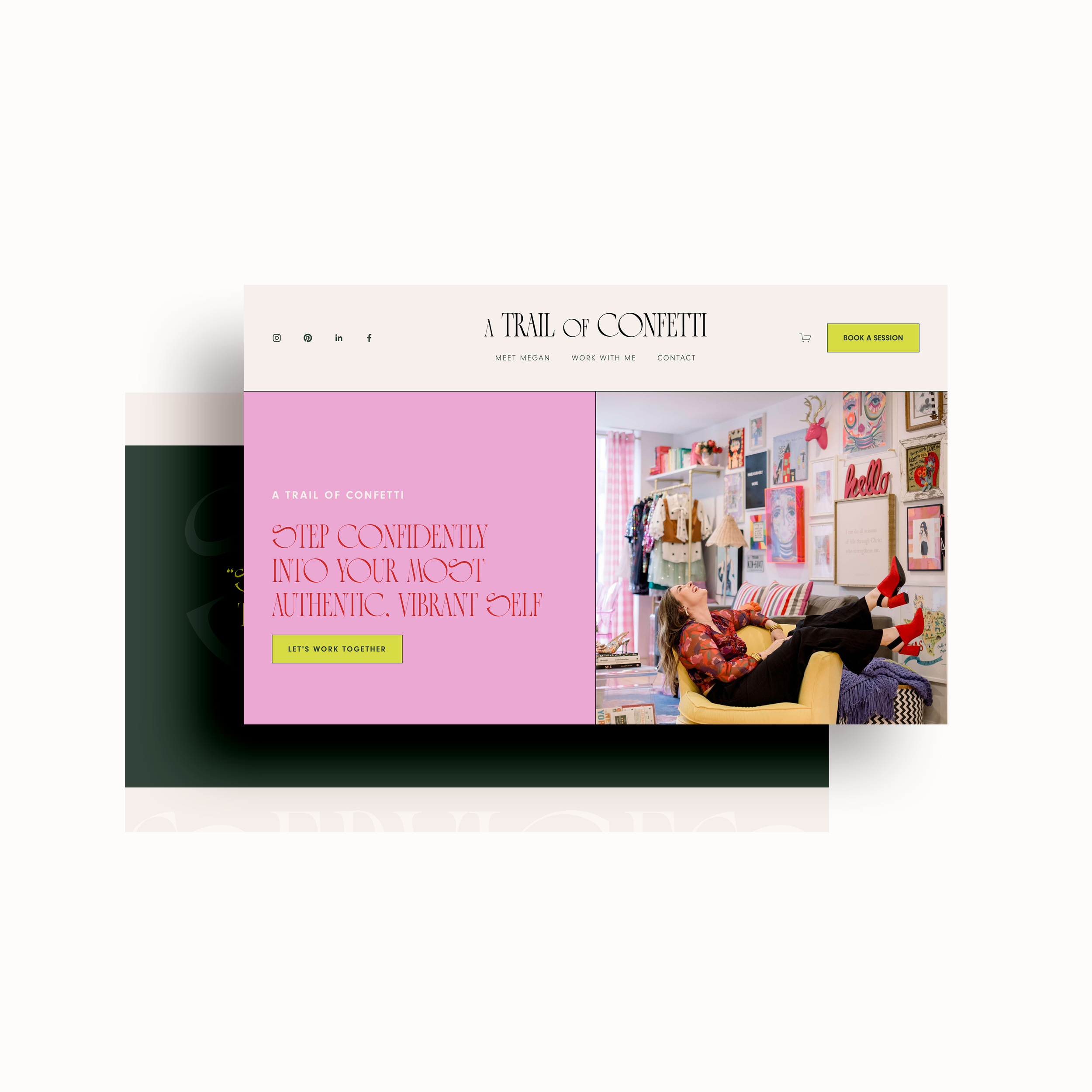 A webpage featuring text and images about self-confidence and personal development, with a woman relaxing on a colorful sofa in an art-filled room.