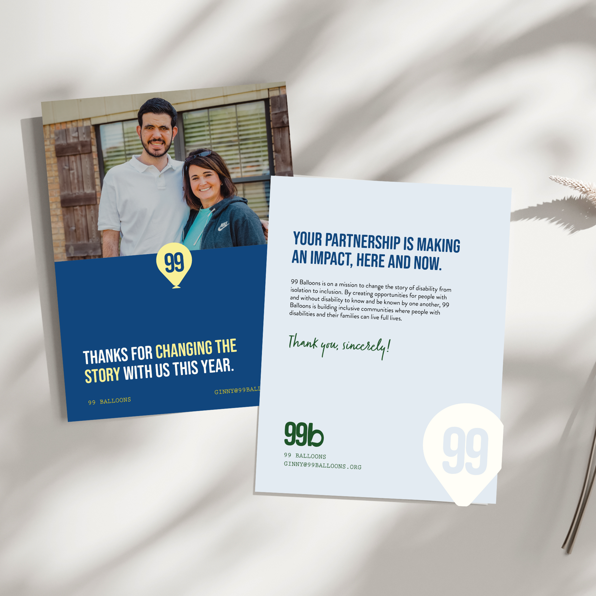 A flyer from 99 Balloons featuring a photo of a man and woman smiling, with text about changing the story of disability and inclusion, and contact information for 99 Balloons organization.