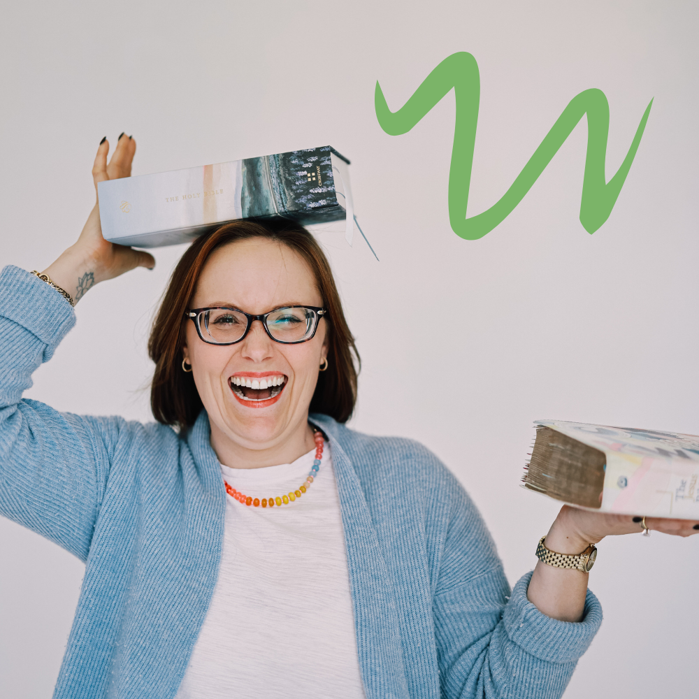 A woman with glasses and a colorful necklace holding a Bible on her head and an open Bible in her other hand, smiling cheerfully with a large green 'W' in the background.