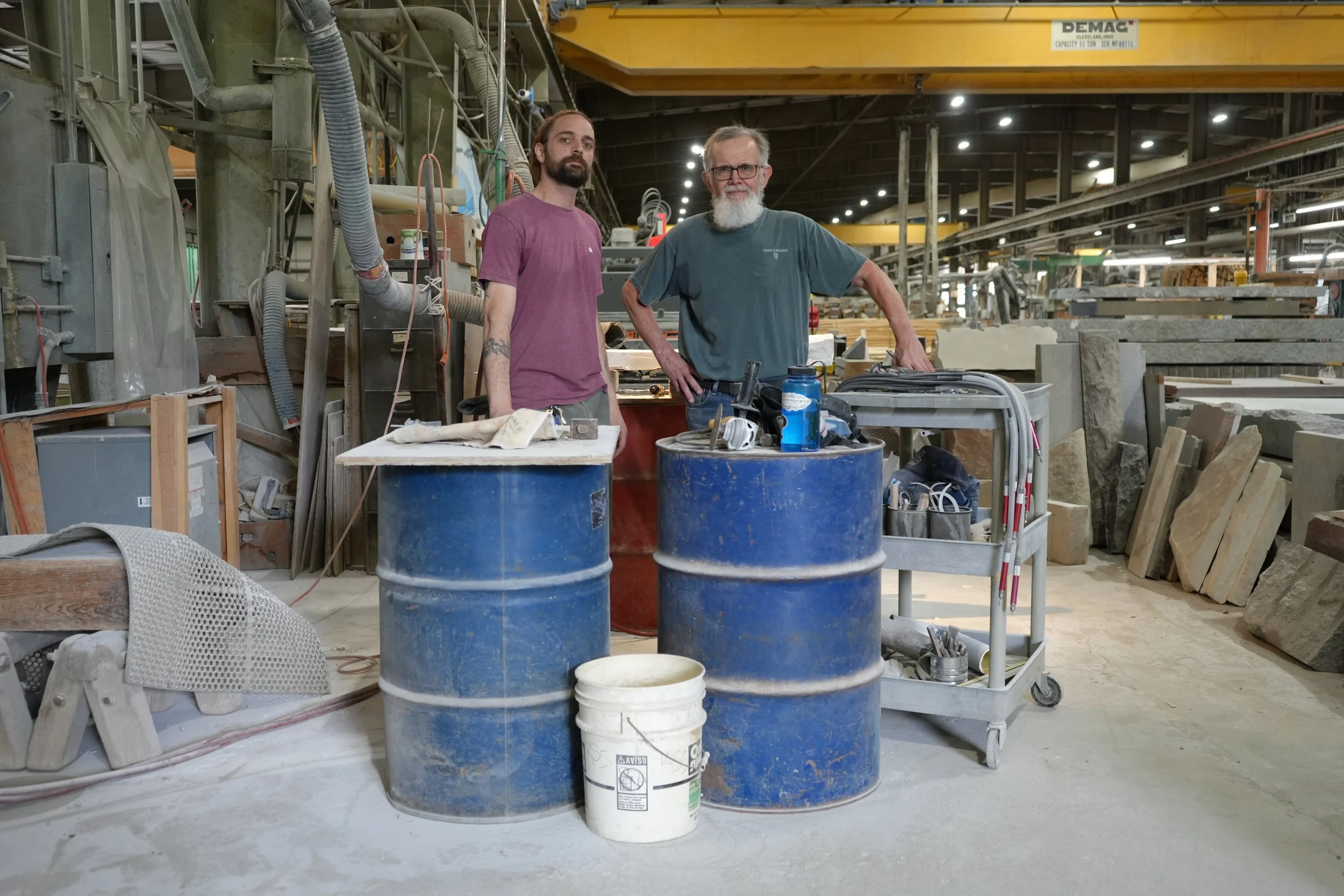 Stone carver George Kurjanowicz with apprentice Mark Padlo